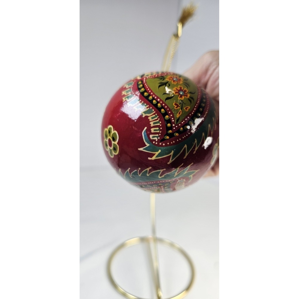 Hand Painted Wooden Christmas Ornament Red Paisley Floral - Picture 3 of 5